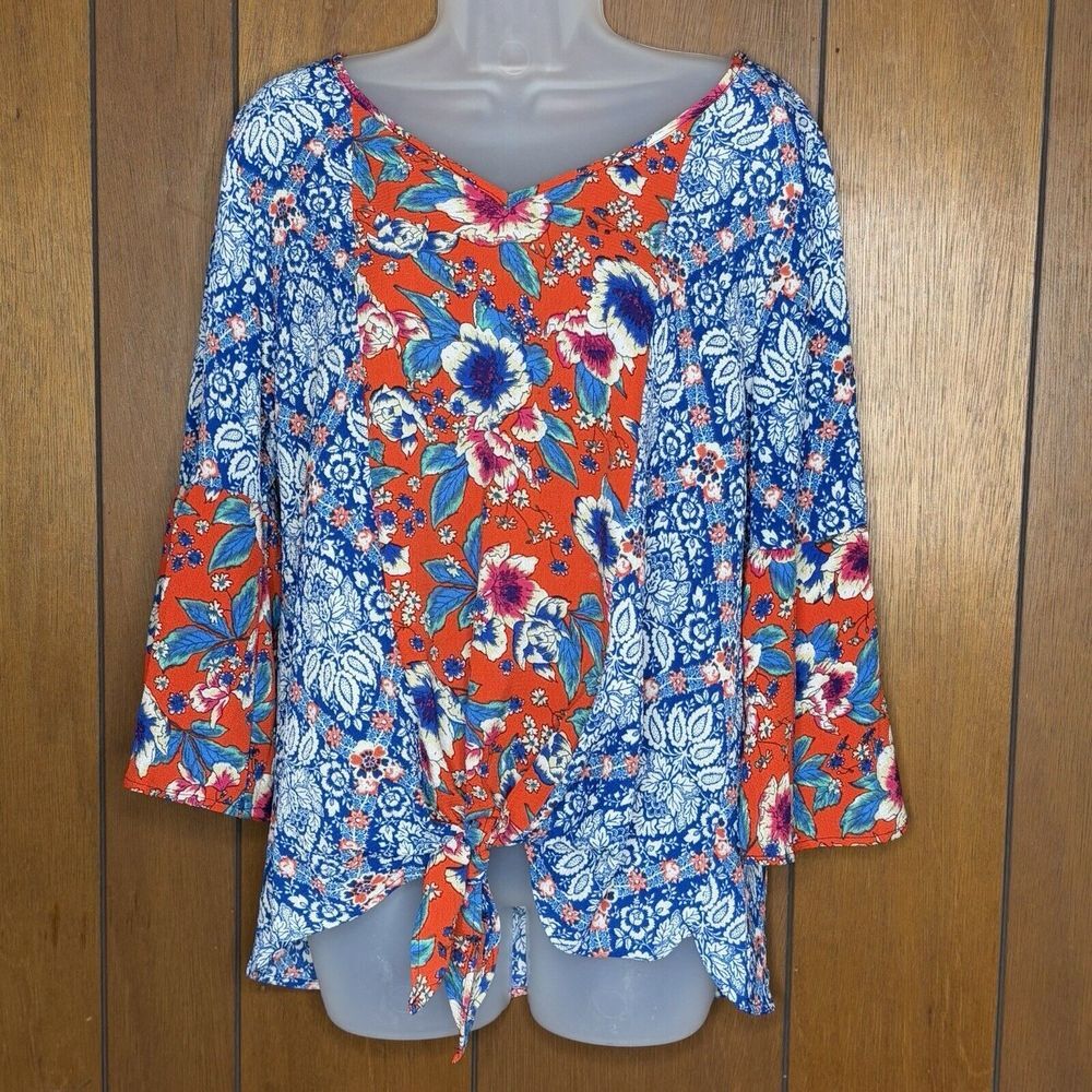 Y2K Boho Top Women's M Blue Paisley Floral Bell Sleeve Tie Front Indie Festival